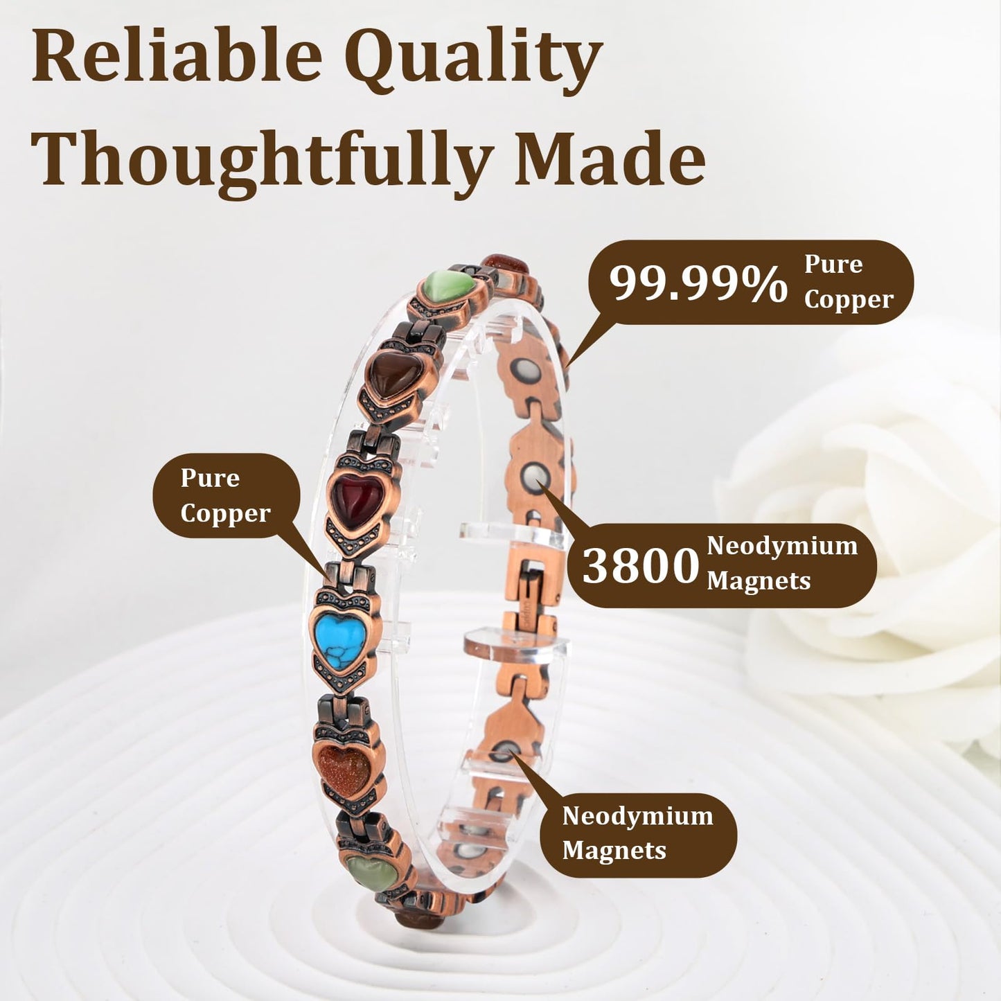 Fashtour 99.99% Pure Copper Magnetic Bracelet and Ring Set for Women, Heart Wire Design Adjustable Jewelry with 3800 Gauss Magnets, Elegant Gift Box (Heart Ring Set)