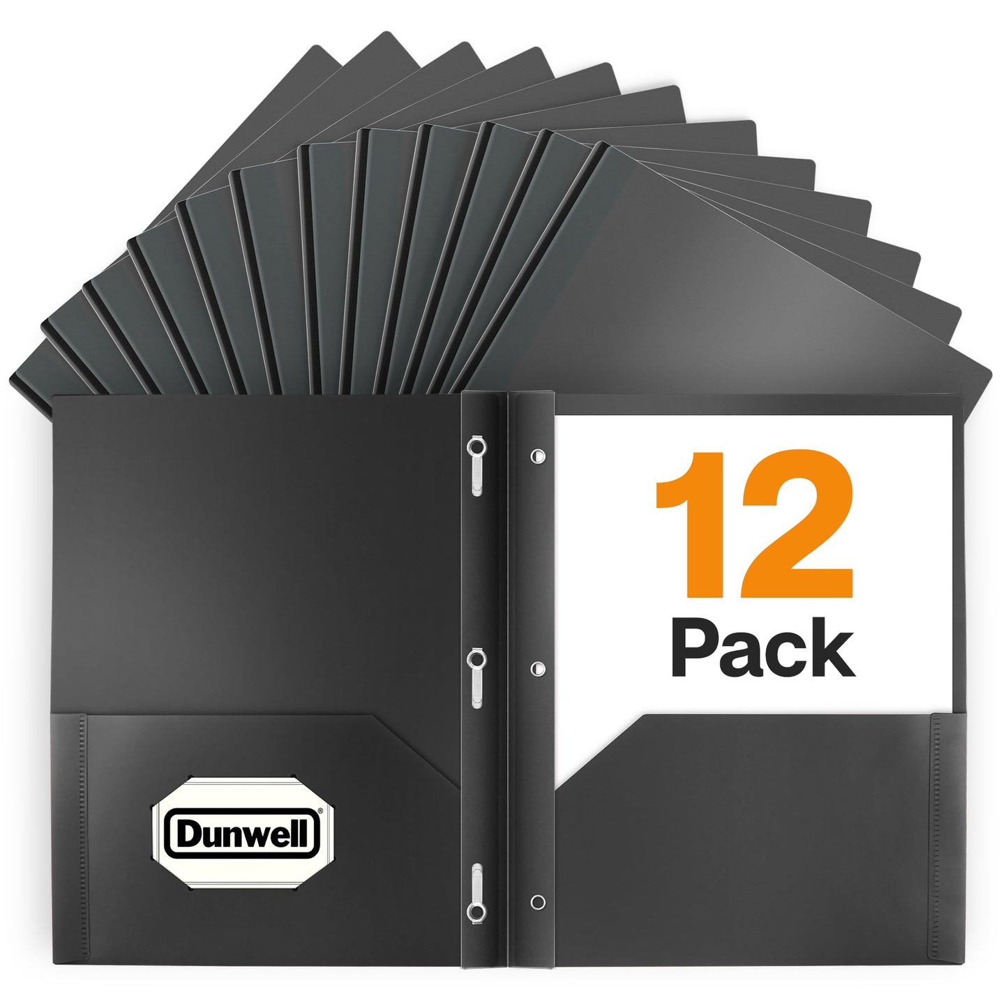 Dunwell Plastic Folders with 3 Prongs, (12 Pack, Black), 2-Pocket Folders with Fasteners, Durable Acid-Free Poly for Long Term Use, Includes Labels