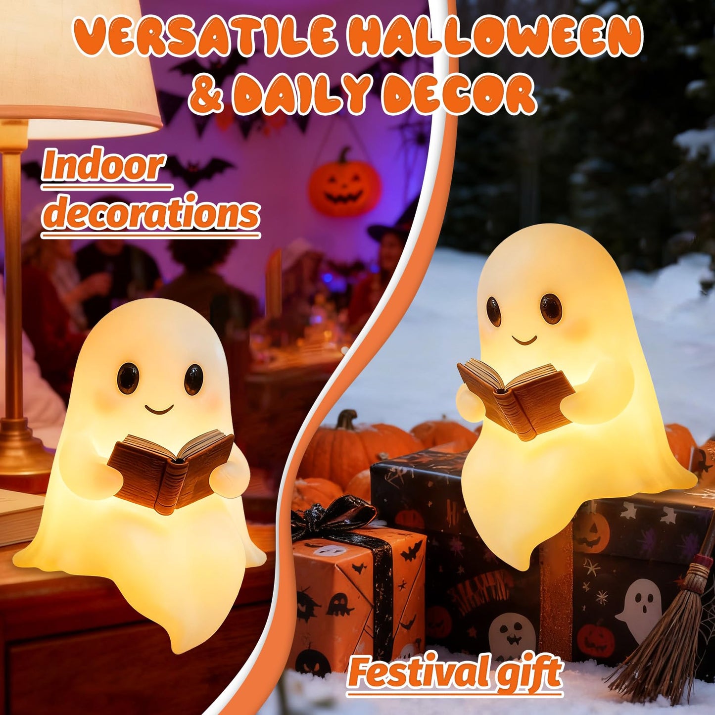 YYPLIAN 3D Resin Halloween Ghost Night Light, Ghost Warm Lighted Indoor Figurine Lamps for Bedroom Study Room Funny Christmas Indoor LED Nightlight (Cute Ghost Light, 8")