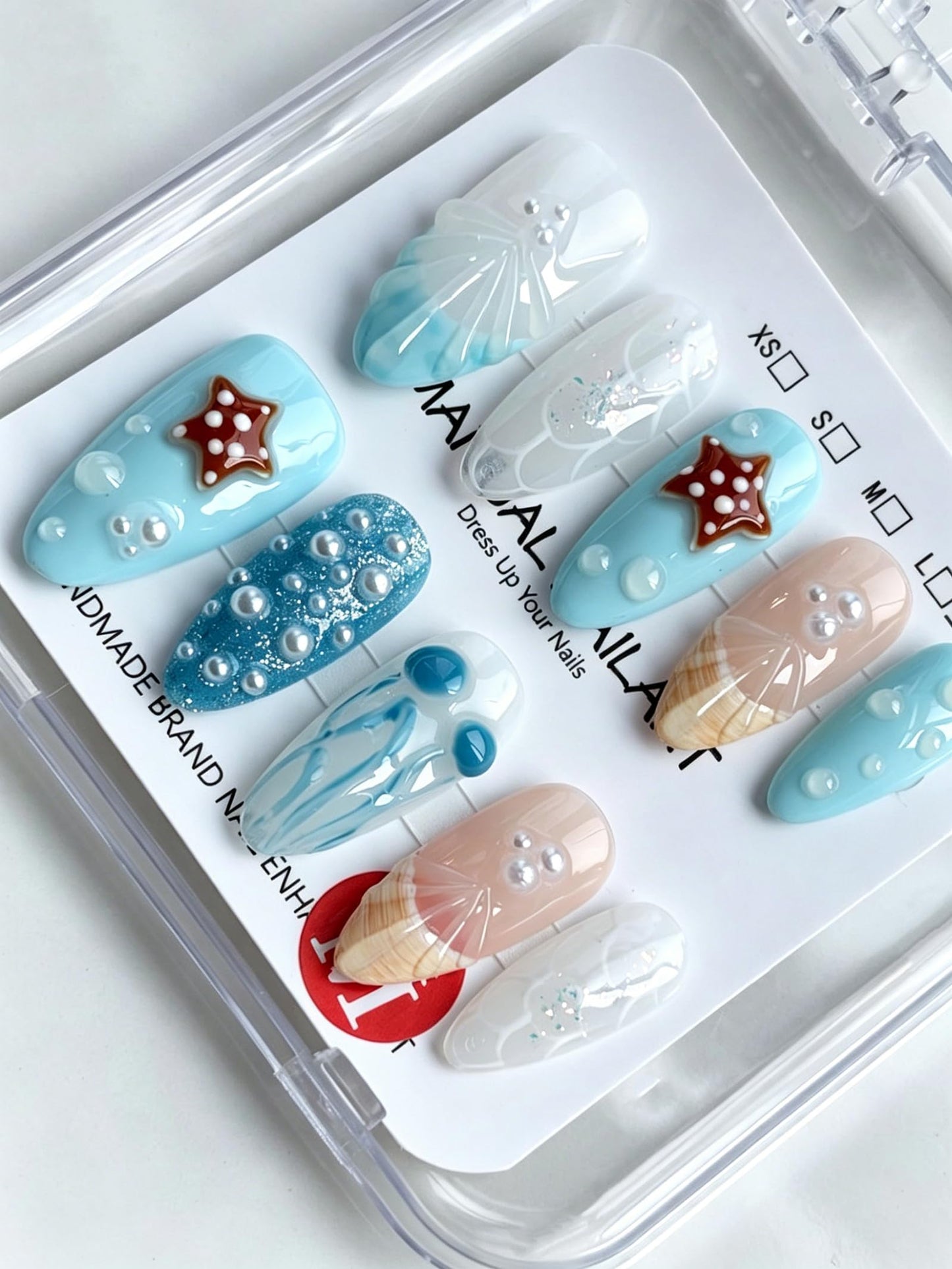 Threelegscat Summer Nails Handmade,Medium Almond Blue White Tropical Press on Nails with Starfish &jellyfish Design,Reusable &easy to Apply for Women Beach &daily Wear Size M10PCS