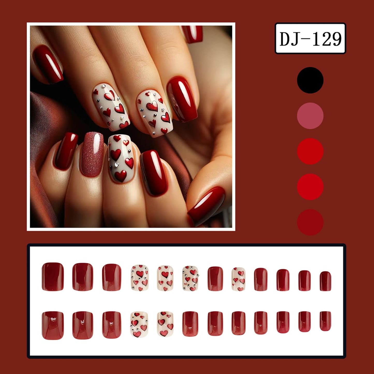 Valentine's Cat Eye Press on Nails Medium Square Red Love Heart 3D Steel Balls Design Valentine's Nails Charm Artificial Nailsl Full Cover Glossy Heart Stick on Nails 24Pcs Glue on Nails for Women