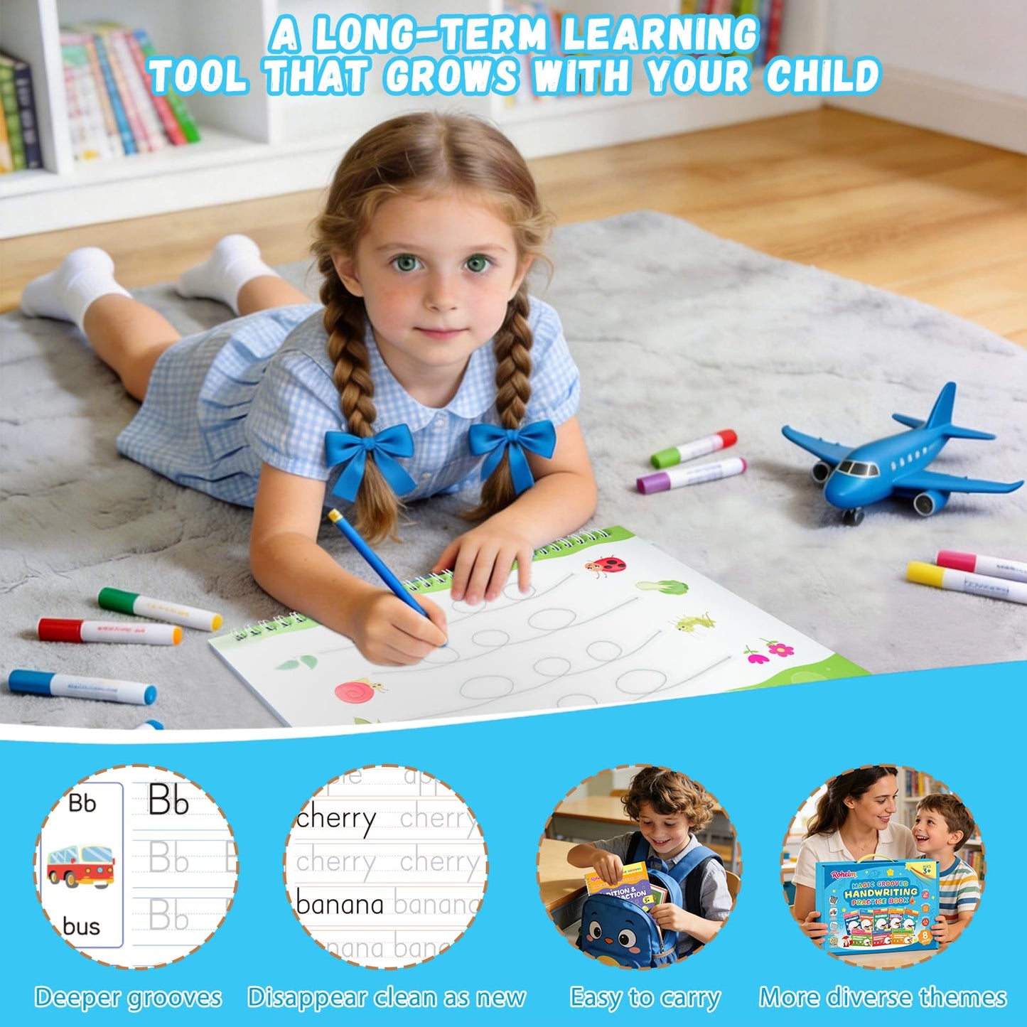 Magic Grooved Writing Practice for Kids Ages 3-8, Handwriting Practice for Kids 8 Books, Preschool Tracing Books, Reusable Grooved Writing Books with Disappearing Ink, Gifts for 3 Year Old Boy