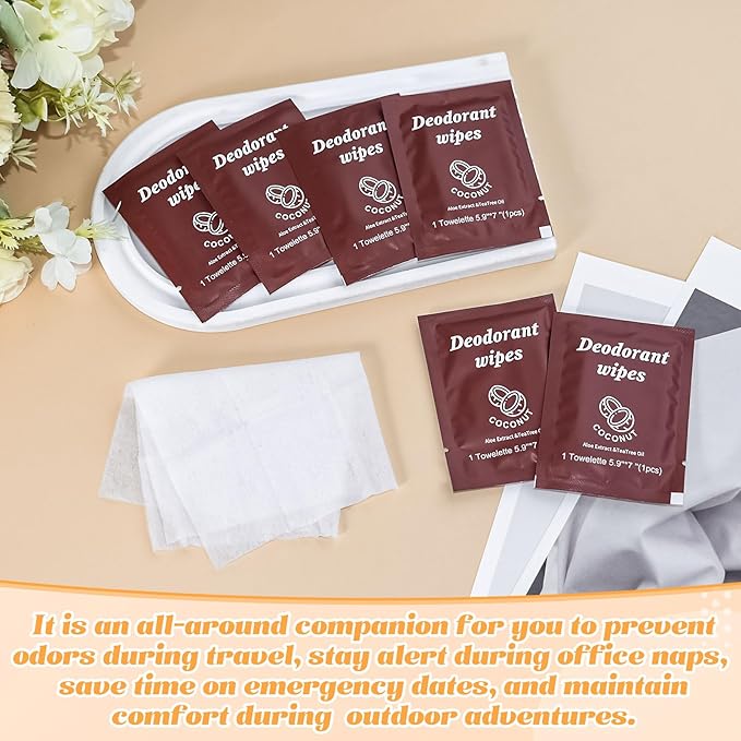Travel Deodorant Wipes Individually Wrapped,Body Wipes to Clean Skin for Women Men（Coconut,pack of 50)