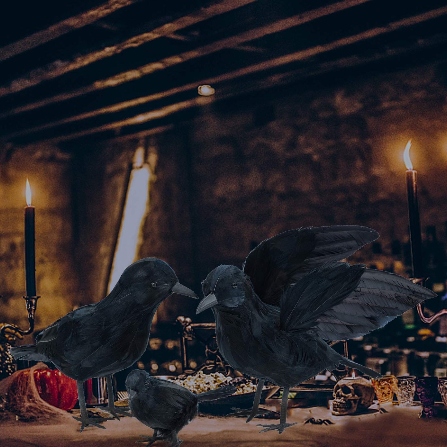 Darnassus 3-Pack Halloween Black Feathered Crow Realistic Handmade Crow Prop for Halloween Party Outdoors and Indoors Decoration