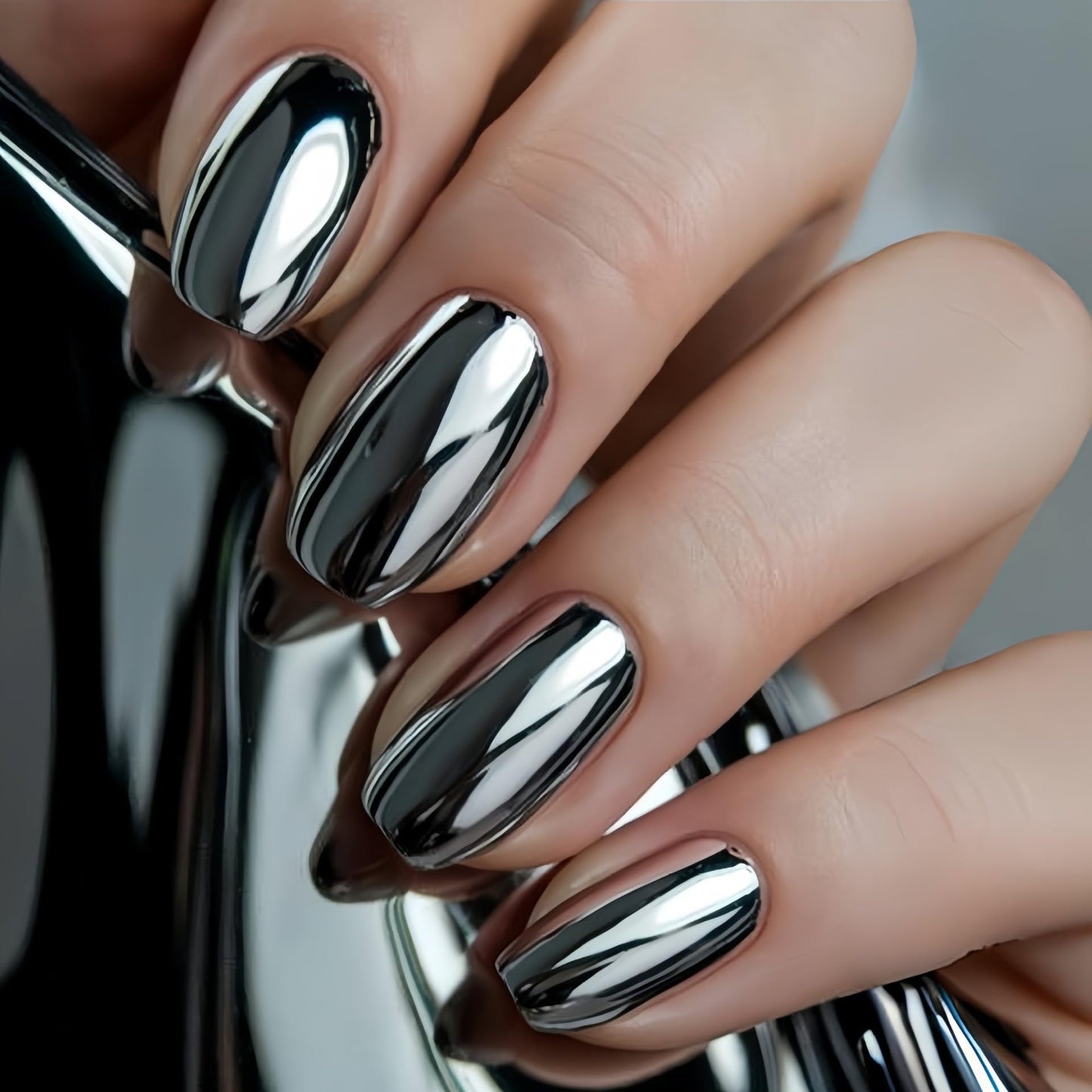 Black Press on Nails Medium Square Fake Nails Metallic Mirror Chrome False Nails Glossy Shiny Full Cover Glue on Nail Artificial Stick on Nails - 24Pcs Acrylic Nail Kit for Women Manicure
