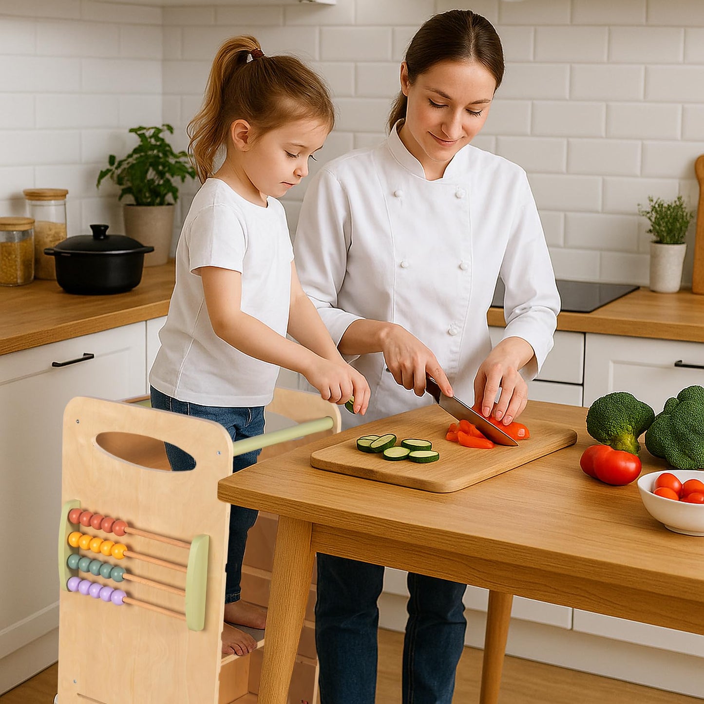 aiwo Toddler Tower Kitchen Step Stool, 3 Adjustable Height Standing Tower for Kitchen Counter, Chalkboard & Montessori Learning Activities