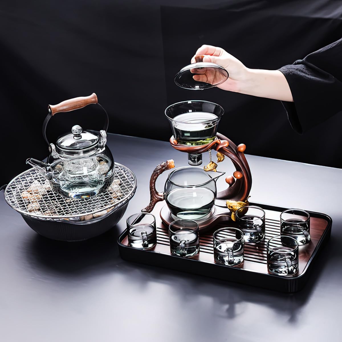 Heat Resistant Magic Teapot Set, Semi Automatic Drip TeaPot, Home Lazy Kung Fu Tea Maker Set, Magnetic Glass Tea Pot, High Borosilicate Glass TeaPot, Suitable for home/office Reception