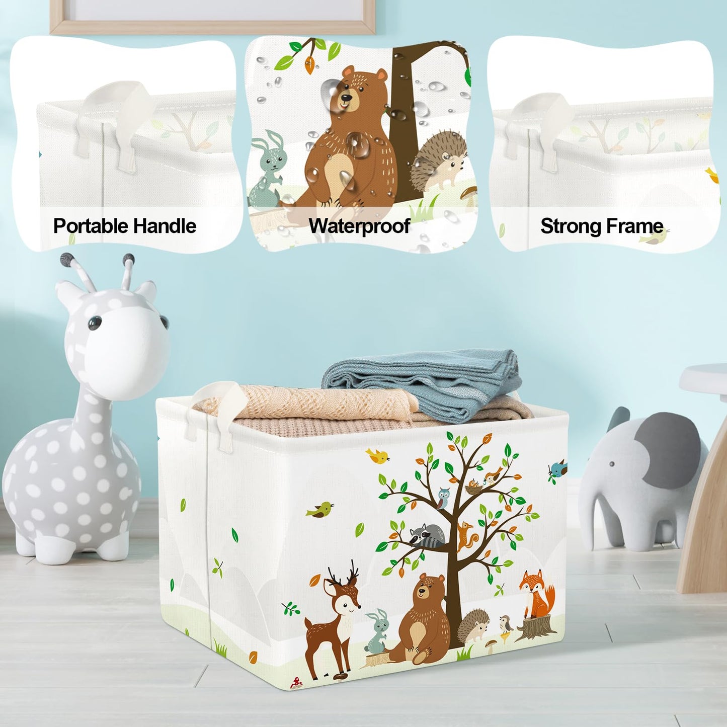 Clastyle Woodland Animals Bear Fox Raccoon Tree Baby Gift Storage Basket Large Deer Owl Collapsible Rectangular Shelf Basket Cute Clothes Towel Toy Book Storage Bin for Nursery