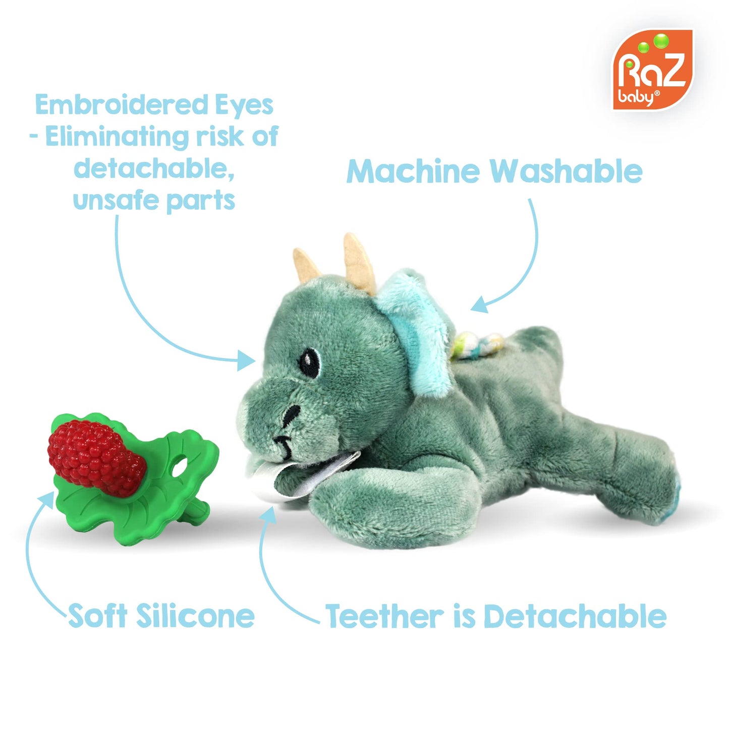 RaZbaby Penguin RaZbuddy w/RaZberry Teething Relief Pacifier – Soothes Sore Gums w/Nature-Inspired Texture, 100% BPA-Free Silicone Teether, Detachable Stuffed Animal – 3 Months+ Teether, Blue