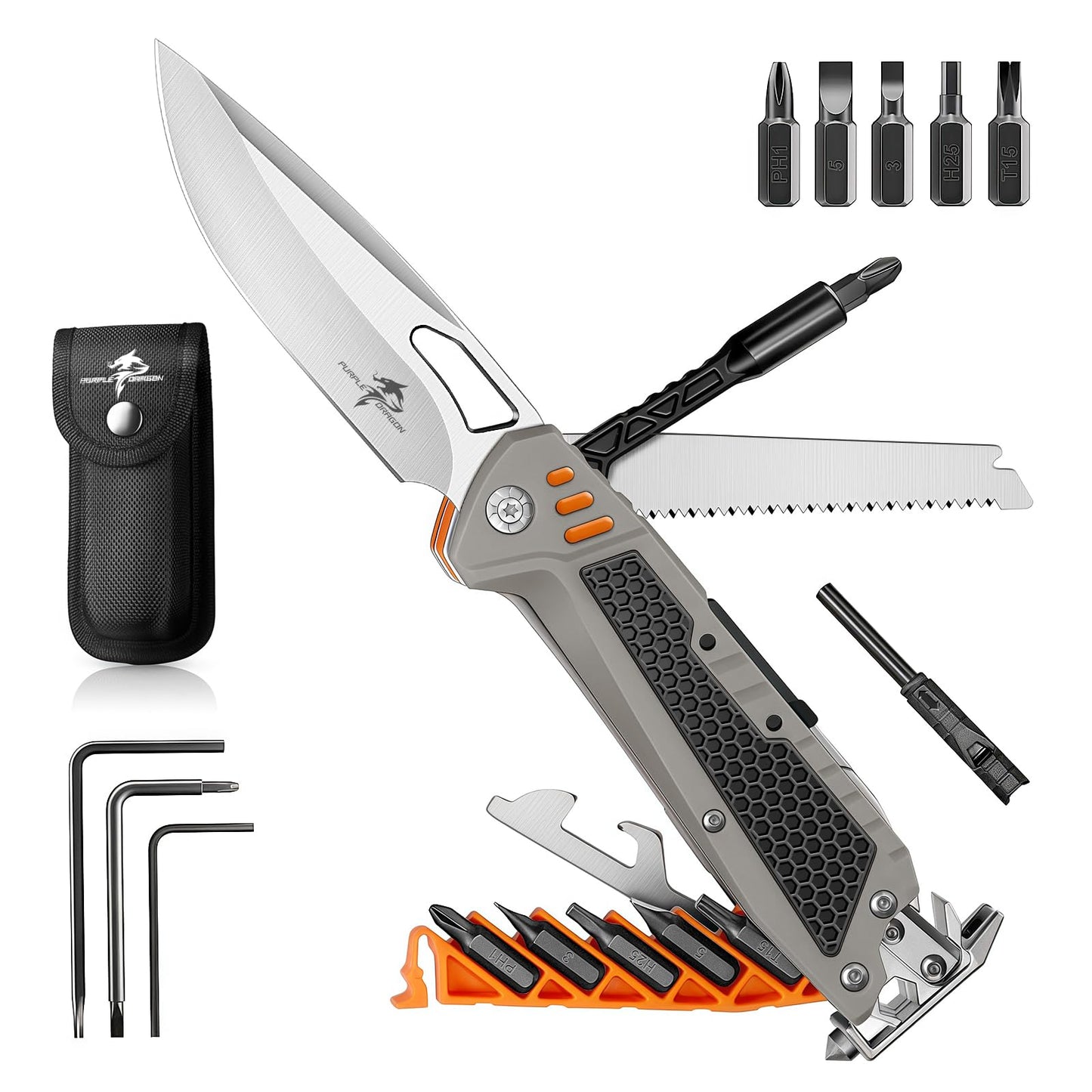 Purple Dragon Multitool,13-in-1 Pocket Knife with Sheath,Perfect for Camping, Hiking & Outdoor Use, Gift for Men Dad Husband– Grey