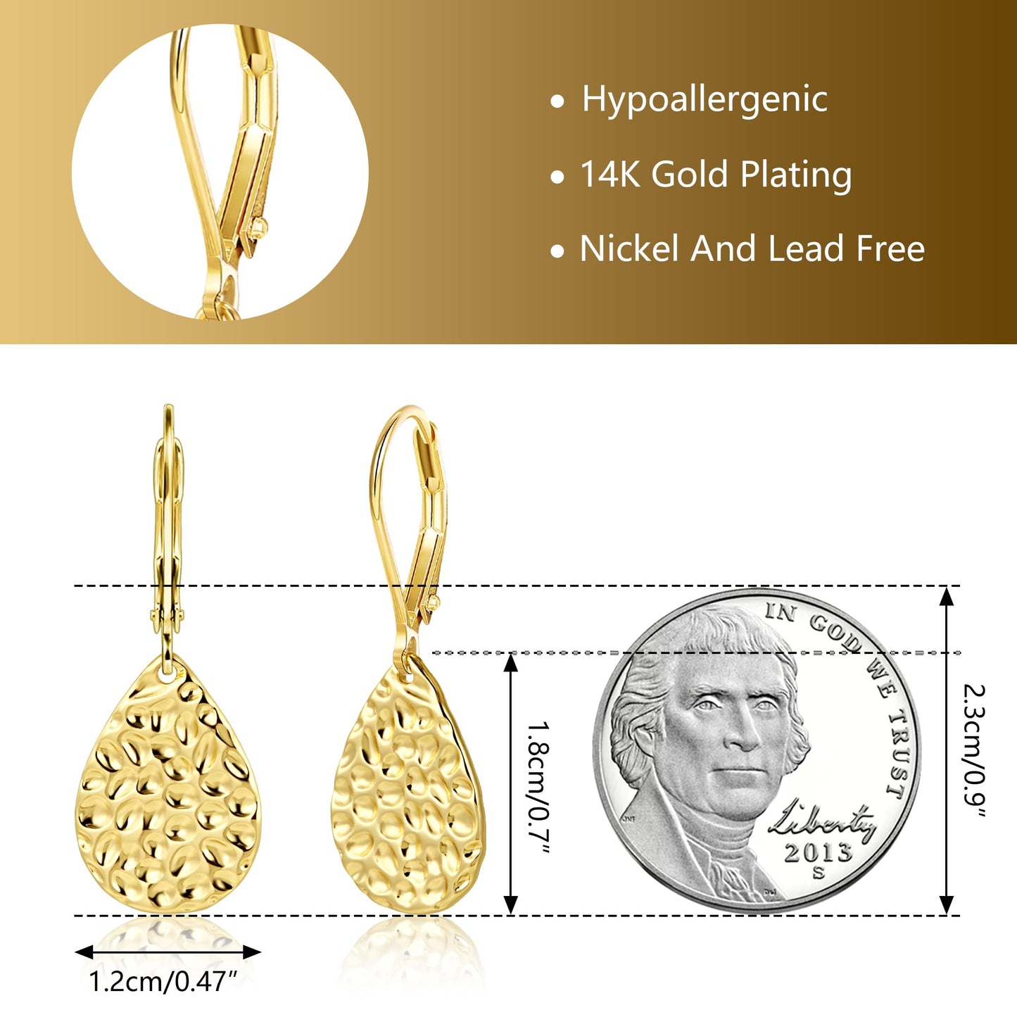 ALEXCRAFT Hammered Teardrop Gold Dangle Earrings for Women Hypoallergenic 14K Gold Teardrop Leverback Hanging Drop Earrings Jewelry for Women