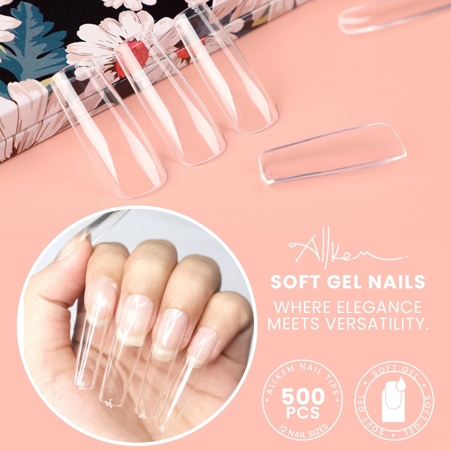 Allkem Soft Gel Nail Tips - XL Square Nail Extensions with Refill Bag - 12 Sizes Extra Long Full Cover Nails - Clear (500 Pieces)