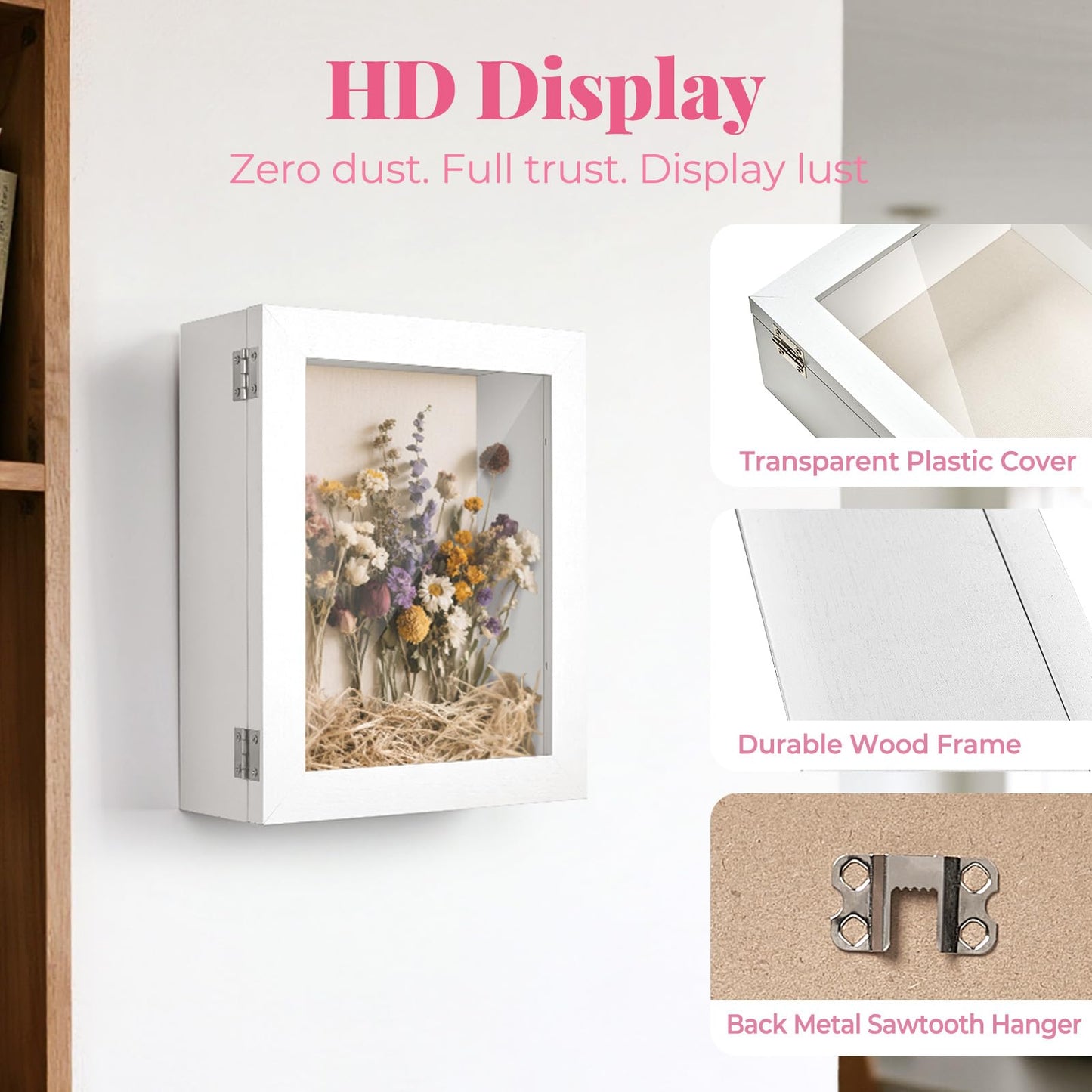 HOUSE DAY Shadow Box Frame 8x10, Front Open Magnetic Shadow Boxes Display Cases with Linen Back, Pins, for Photos or 3D Itmes Under 6x8, Tabletop or Wall Mount Display Case for Memorabilia, White