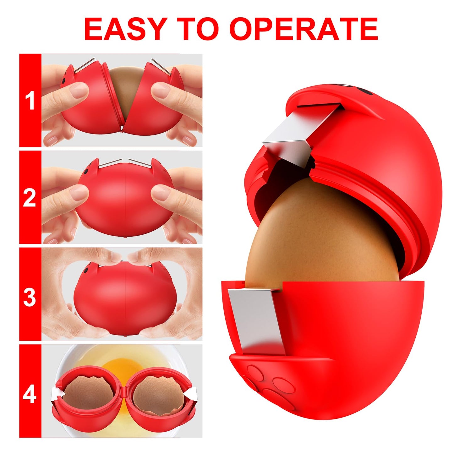 PowCube Egg Cracker, Silicone Egg Shell Opener, Cute Egg Shaped Design, Opens Eggs with Ease, A Little Happiness Boost for Your Kitchen. (Color: Red, 1-Pack)