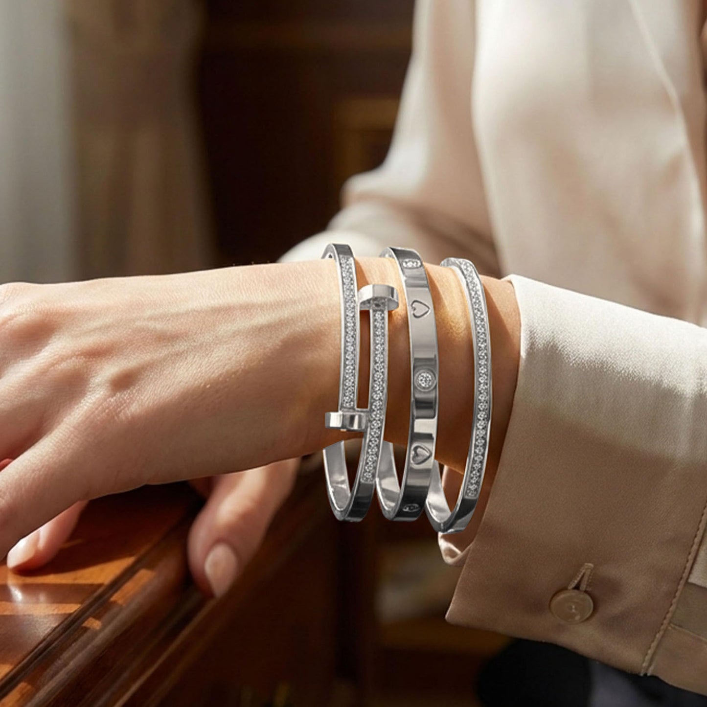 Camhanno Stackable Silver Bracelets for Women Stainless Steel Love & Friendship Bangle, Mothers Day Valentines Birthday Christmas Jewelry Gifts for Mom Her Wife Grandma(Style 15)