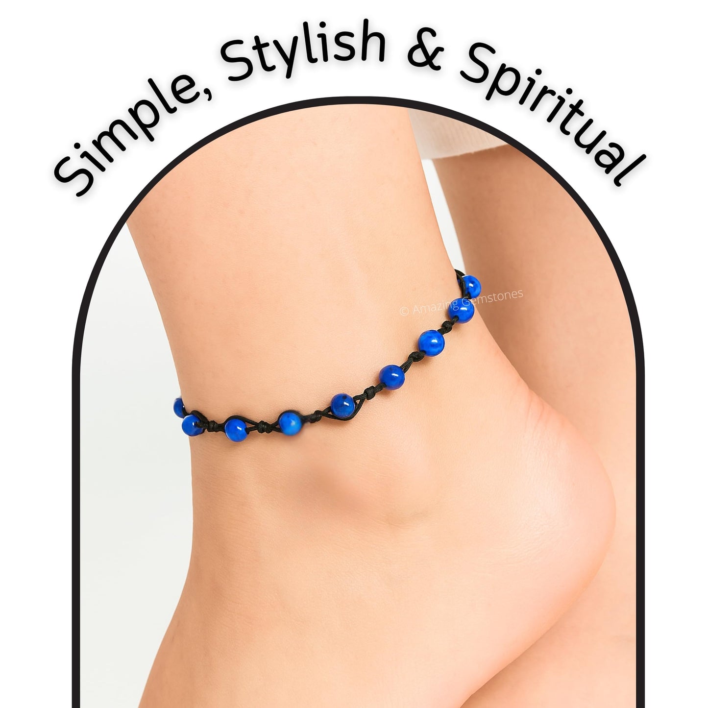 Amazing Gemstone Lapis Lazuli Anklet Ankle Bracelets for Women - Waterproof Beaded Healing Crystal Anklets, Plus Size Chakra Gemstone Bead Anklet (Stretchy Adjustable - Hand Knotted)