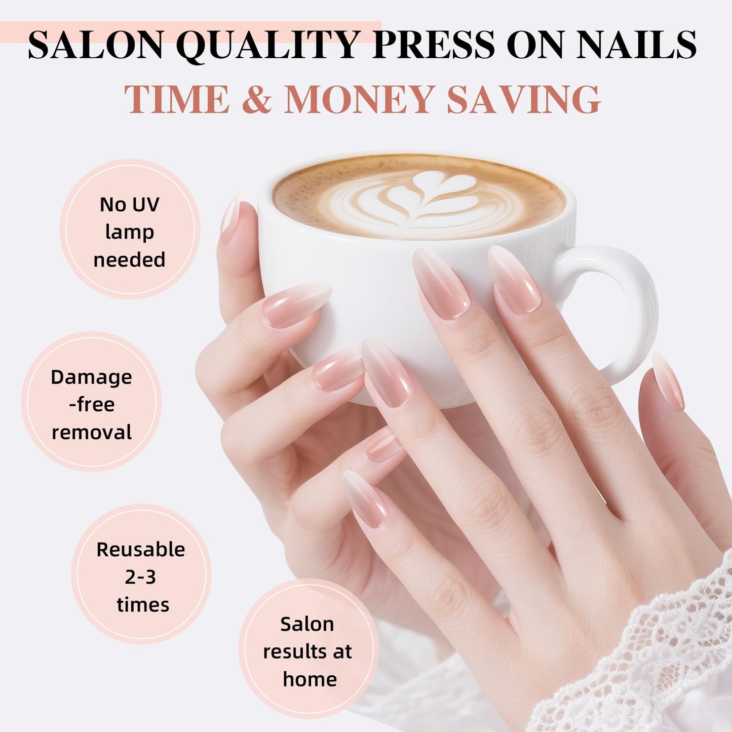 Sifvoo Pink White Ombre Press On Nails Short Almond, Glossy Reusable Press On Nails for Women, 32 Count 16 Sizes Nail Kit with Glue (SV-05)