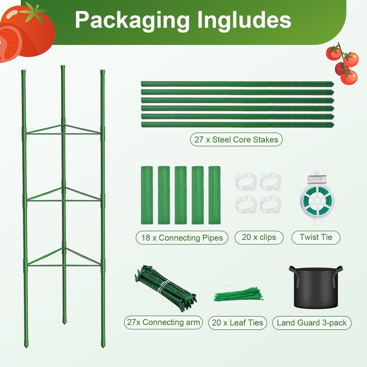 3 Pack Tomato Cage with 10 Gallon Grow Bags, 48" Height Adjustable Tomato Trellis with 65Ft Twist Tie, Heavy Duty Tomato Cages for Garden Flowers Vegetables Climbing Plants