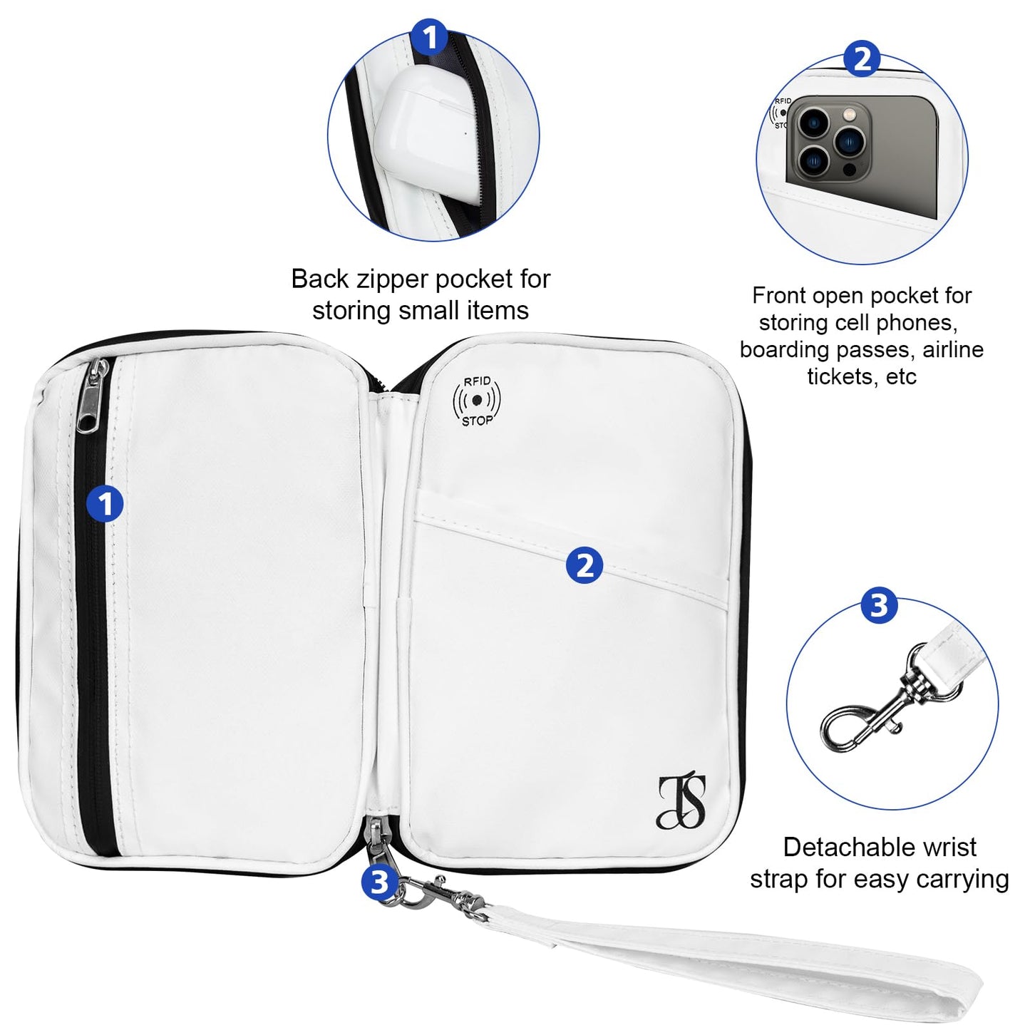Passport Holder for Travel Women Men RFID Blocking Passport Wallet Waterproof Lightweight Document Organizer Pouch Bag Zipper Portable Case for Cards, ID, Money (White, 6.9"x4.5")