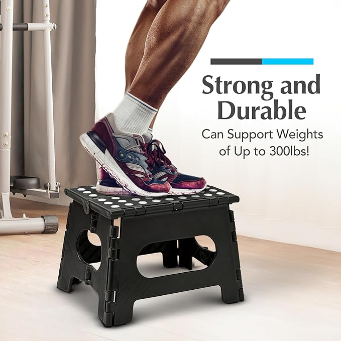 Handy Laundry Folding Lightweight Step Stool - Sturdy Enough to Support Adults and Safe Enough for Kids - Opens Easy with One Flip - Great for Kitchen, Bathroom or Bedroom (Black - 8 Inch)