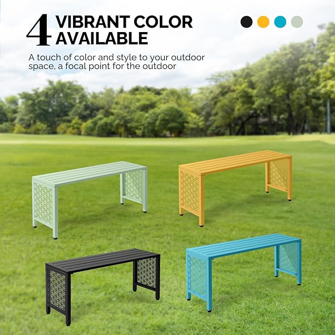 VINGLI 40in Outdoor Metal Bench, All-Weathe Backless Patio Bench with Slatted Seat＆Floral Side Panels, Rust-Resistant Garden Bench, Weatherproof Outdoor Seating for Porch Entryway Backyard (Blue)
