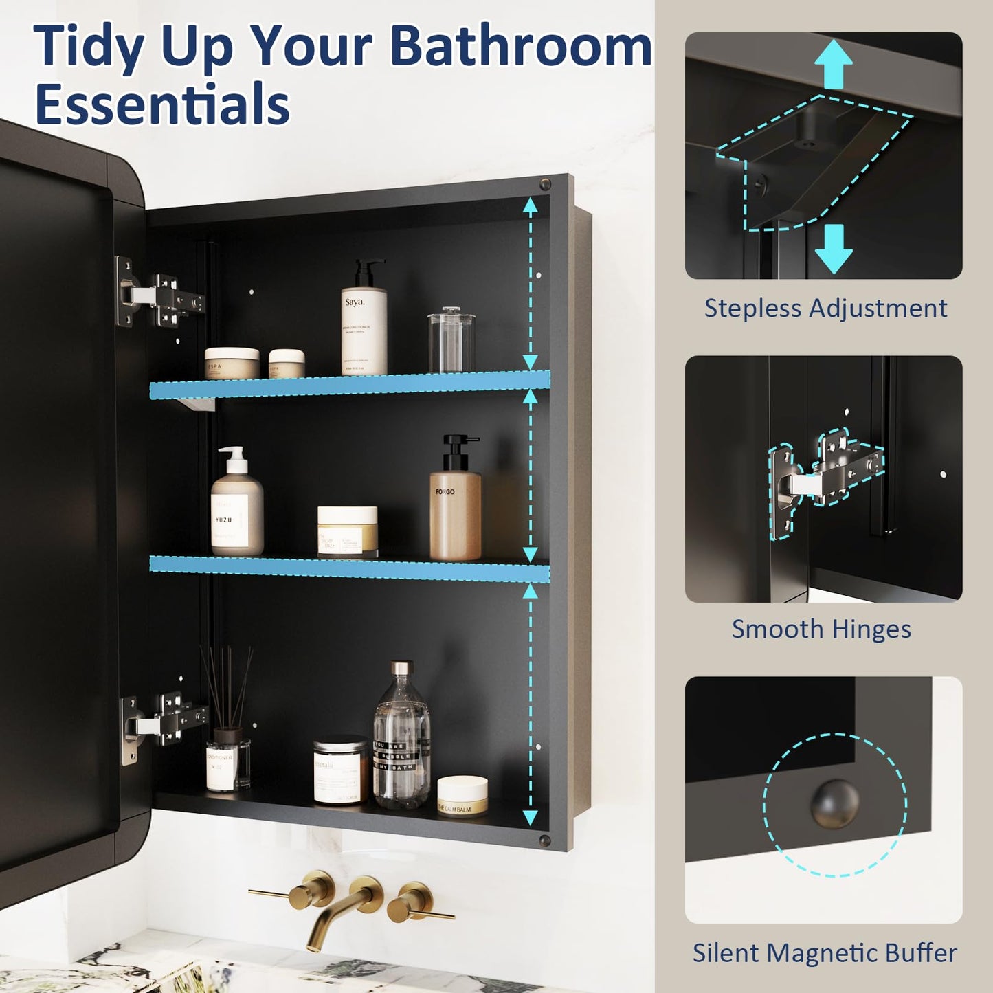 Yunnshee Yursa Medicine Cabinet Mirror 16x24 Inch, Black Bathroom Mirror Cabinet with Stepless Adjustable Shelves, Rounded Rectangle Metal Framed, Bathroom Mirror with Storage Recessed or Wall Mount
