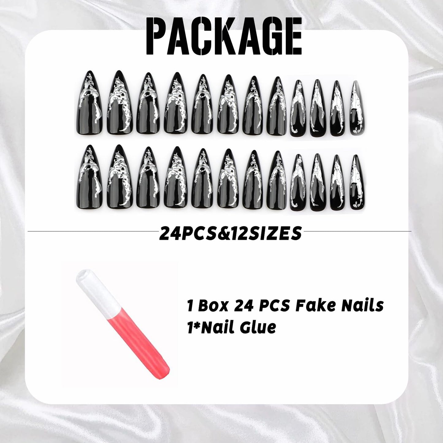 IMSOHOT Press on Nails – 3D Silver Edge, Long Stiletto Fake Nails Black Ombre Glossy Full Cover Reusable Acrylic Glue on Nails Y2K Goth Gel False Nails