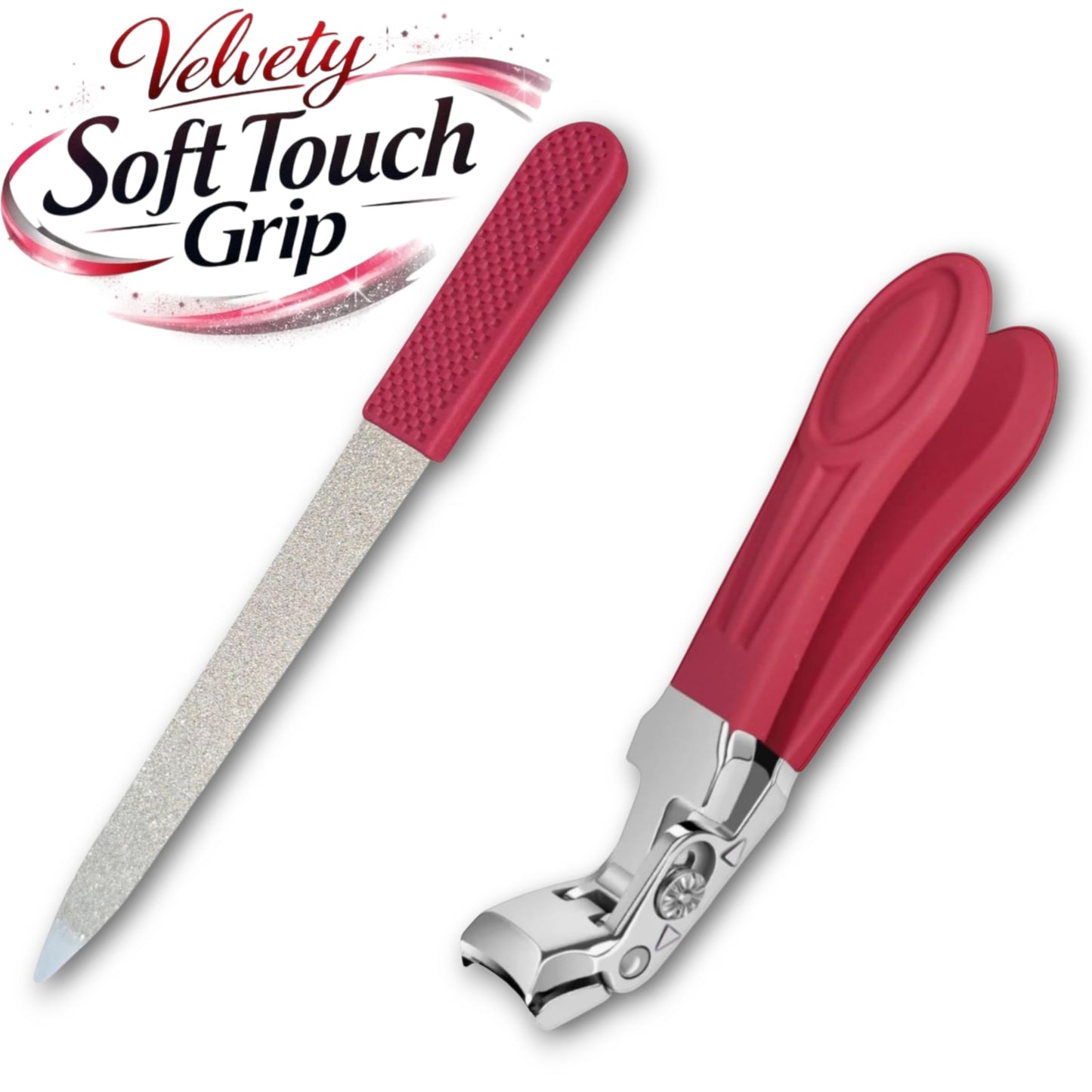 Professional Ruby Red Angled Nail Clippers for Seniors – 5'' Elegant Thick Toenail Clipper with Nail File, Ultra-Sharp Blades, Nail Catcher, Easy Grip & Safe Home Manicure & Pedicure Care Tool