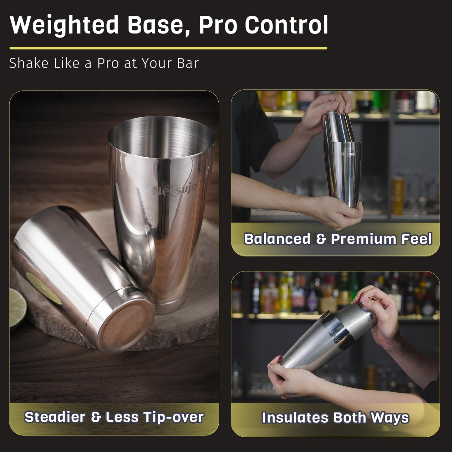 Nexsujo Boston Shaker Set, Professional Cocktail Shaker Set (18oz/28oz) Weighted Stainless Steel Bar Shakers for Bartending, Leakproof Bar Tools for Professional Bartender & Home Bar Mixology