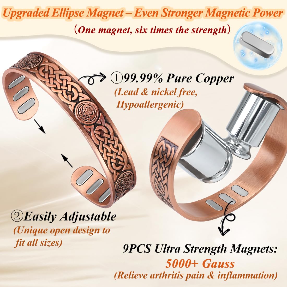 Cigmag Copper Bracelet for Men, with Powerful 9X 5000 Gauss Magnets, Adjustable Solid Pure Copper (Celtic Knot 2)