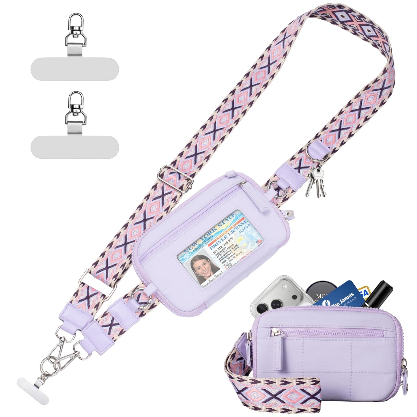 Tiostep Clip and Go Strap for Phone with Wallet Crossbody Phone Lanyard with Anti-Theft Zipper Pouch Detachable Quilted Wrist Wallet with RFID and ID Window for Daily Travel. Purple Large