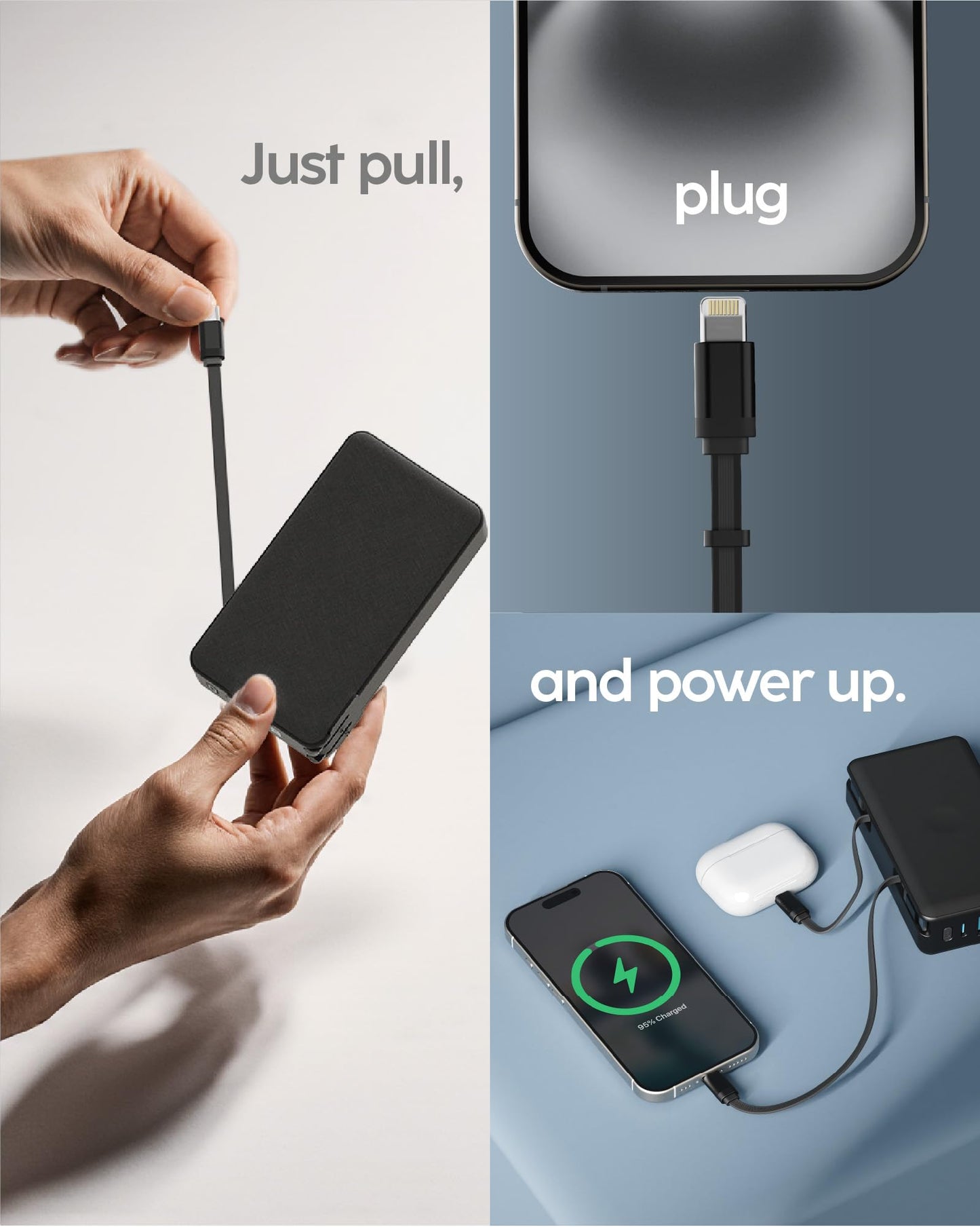 myCharge RetractaCharger+ 10000mAh Portable Power Bank - 28" Retractable 1 USB-C & 1 Lightning Cables | Built-in Wall Plug | Digital Display | USB-C/A Ports | Up to 60 Hours of Power | Black