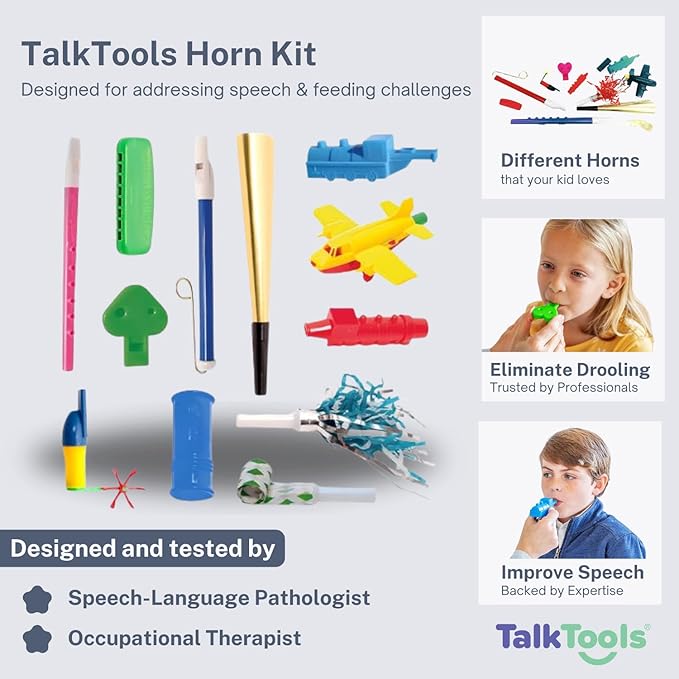 TalkTools Horn Kit | Oral Motor Placement Therapy | Improve Speech, Tongue Lip Placement | Reduce or Eliminate Drooling | Abdominal Grading | Controlled Oral Airflow, and Speech Clarity - 12 Tools