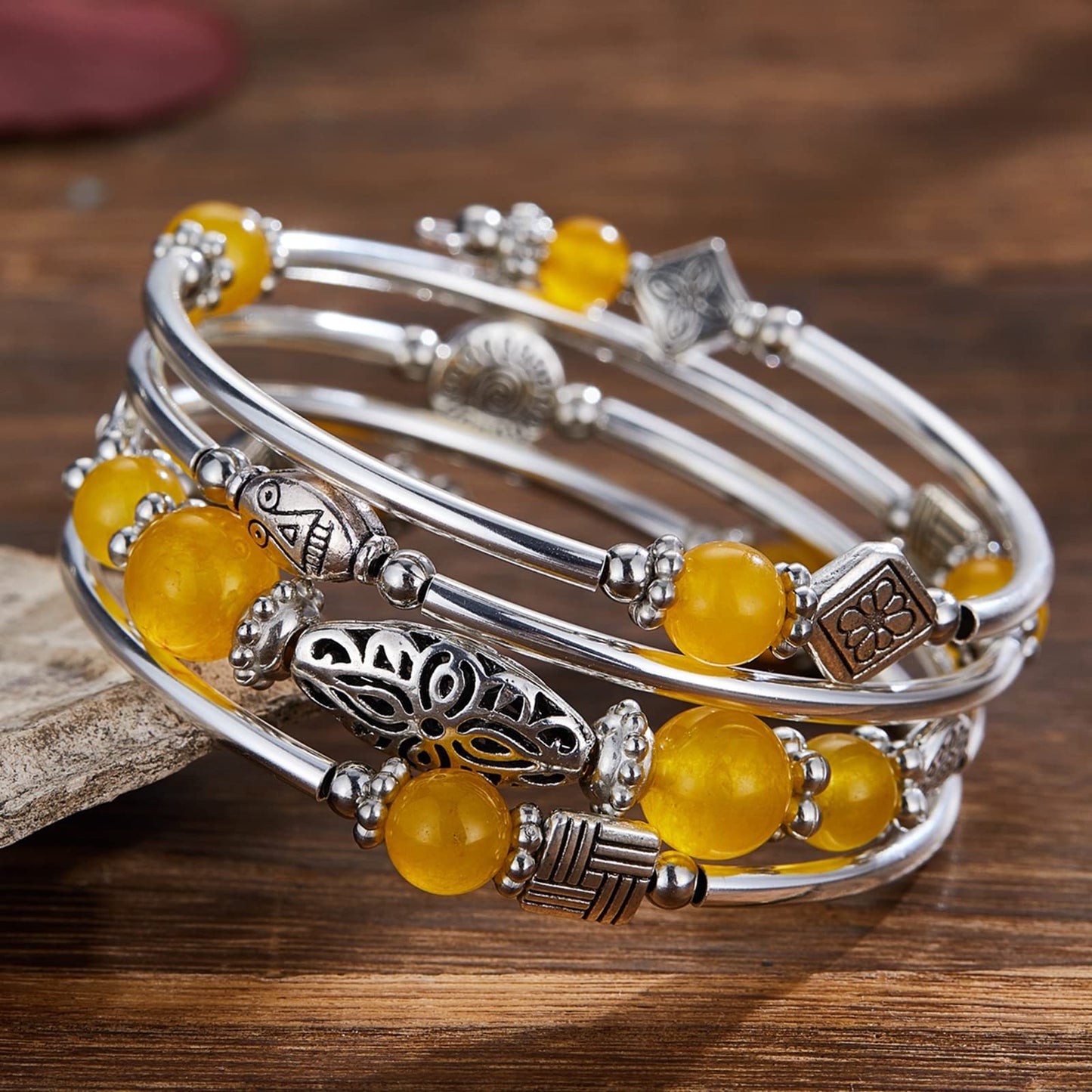 BULINLIN Layered Wrap Bangle Turquoise Bracelet - Bead Bracelet with Natural Agate Stone, Gifts For Women (03-Yellow)