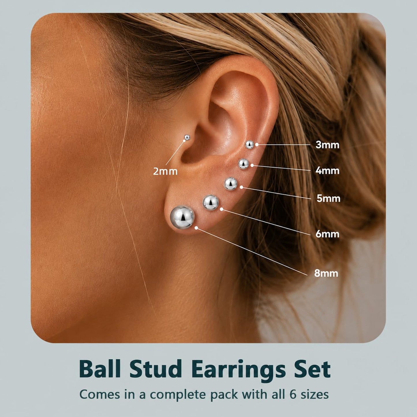 6 Pairs Stainless Steel Ball Stud Earrings Set for Women Men, Hypoallergenic Tiny Round Stud Earrings Multipack, 20G Small Silver Ball Earrings for Multiple Piercings Cartilage Earlobe, 2/3/4/5/6/8mm