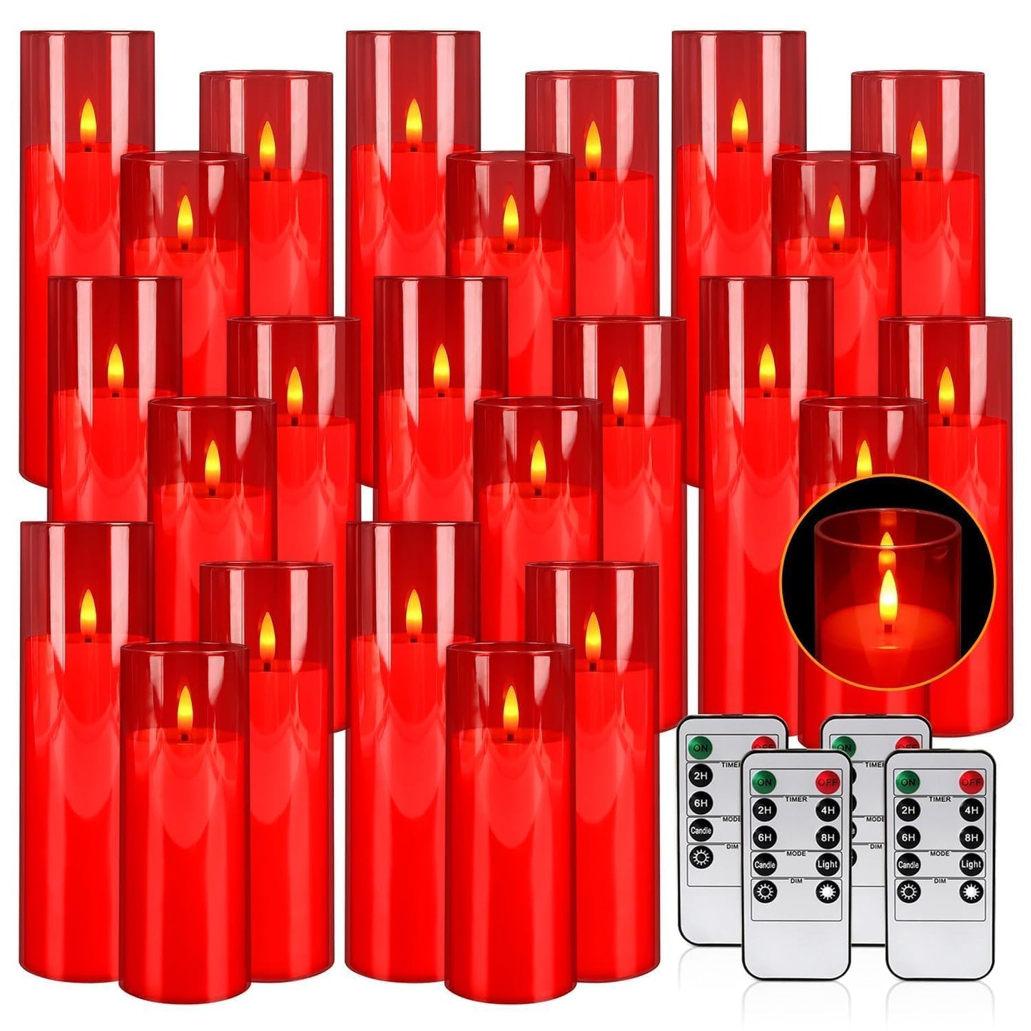 CLTNIKET 24-Pack Red Acrylic Flameless LED Candles with Remote Control - Realistic Flickering Battery - Operated Candles for Valentine's Day,Home Decor, Weddings, and Parties.