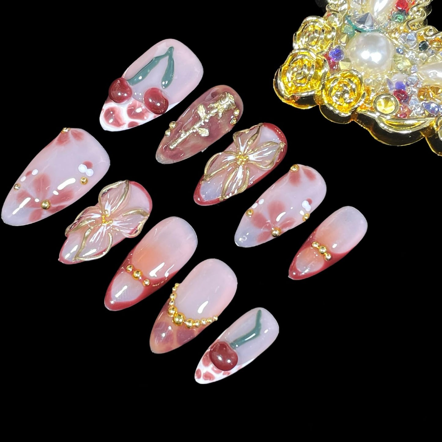 Handmade Press On Nails Medium Almond Elegant 3D Cherry & Gold Floral Accent False Nails | Nude Pink Base with Wine-Red Tips, Reusable Acrylic Fake Nails (Wine Cherry, M)