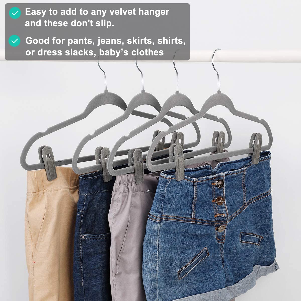 Grey Velvet Hangers Clips 50 PCS