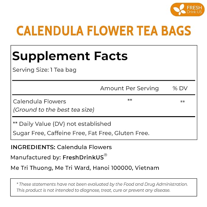 FRESHDRINKUS Calendula Tea Bags, 75 Count, Herbal, Vegan, Sugar Free, Caffeine Free, Gluten Free, 100% Natural Calendula Flowers