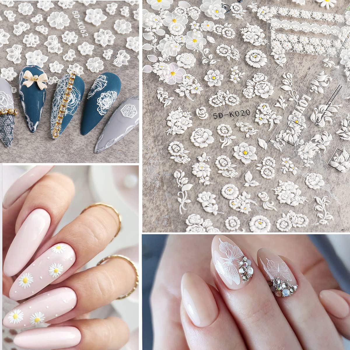 5D Embossed Flower Nail Art Stickers, 6 Sheets Self-Adhesive Nail Sticker Decals,Luxury Hollow Exquisite Pattern Spring Daisy Leaf Butterfly Lace Carving Design for Salon Home Acrylic Nail Decoration