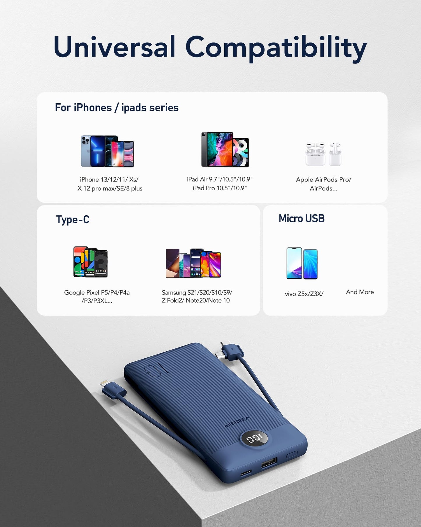 VEGER Portable Charger with Built-in AC Plug and Cables, All in One 10000mAh Ultra Slim Power Bank Travel Essentials, Fast Charging Battery Pack Compatible with iPhone, Samsung, Android (Navy)
