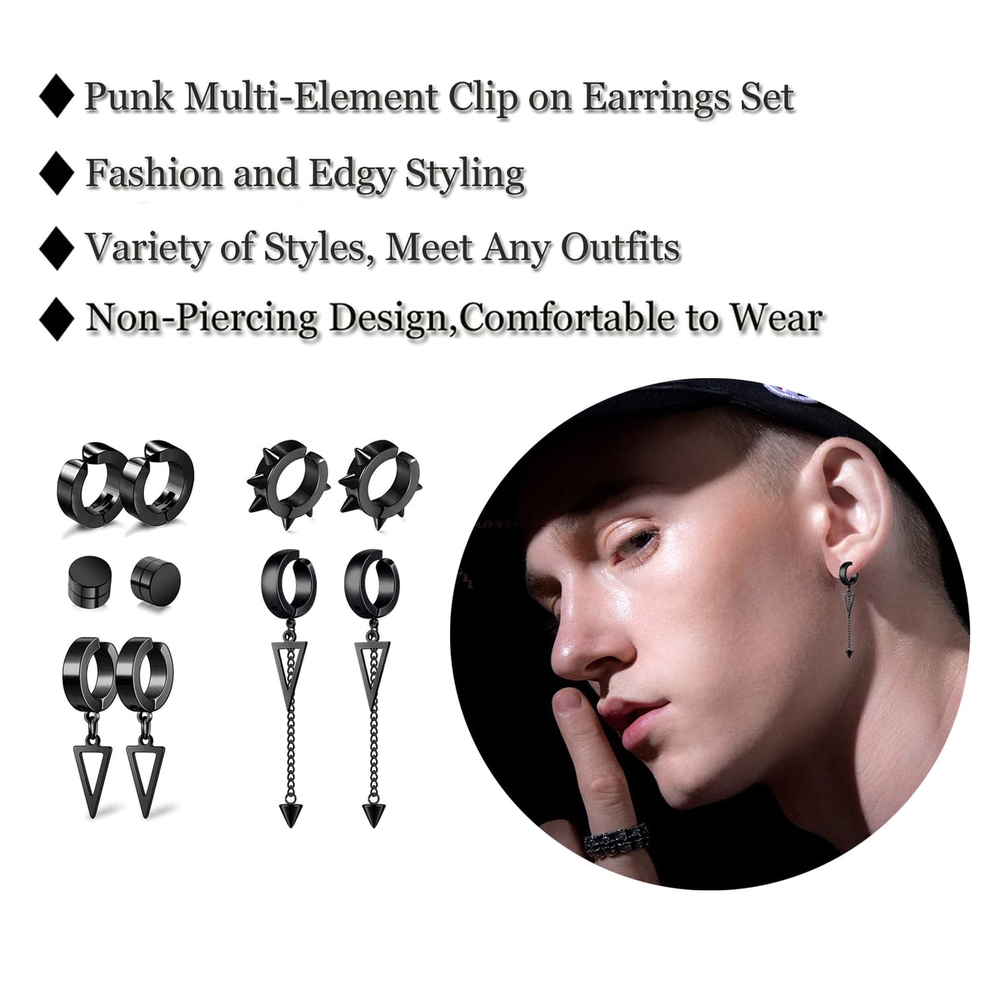 5 Pairs Black Stainless Steel Non-Piercing Spike Rivet Geometric Triangle Dangle Tassel Clip on Hoop Earrings Set for Women Men, Non Pierced Fake Ear Clip Stud Earrings