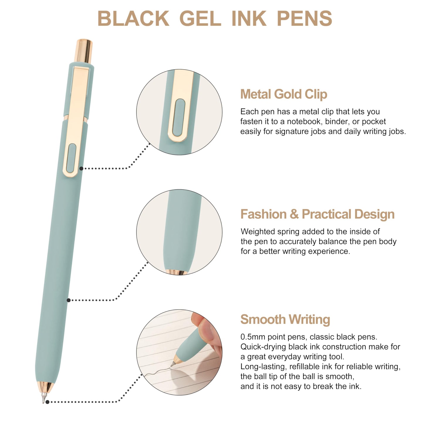 Linbsunne Gel Pens Black Ink Pens for Office 0.5mm Fine Point Pen Smooth Writing Retractable (Metal gold clip-10 pcs)