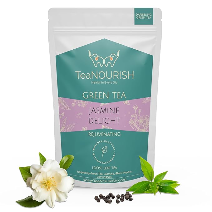 TeaNOURISH Jasmine Delight Green Tea | Darjeeling Loose Leaf Tea with All Powerful Antioxidants | Supports Immunity |Calming, Relaxing & Bedtime | 50 Cups Hot or Iced Tea - 3.53oz/100g