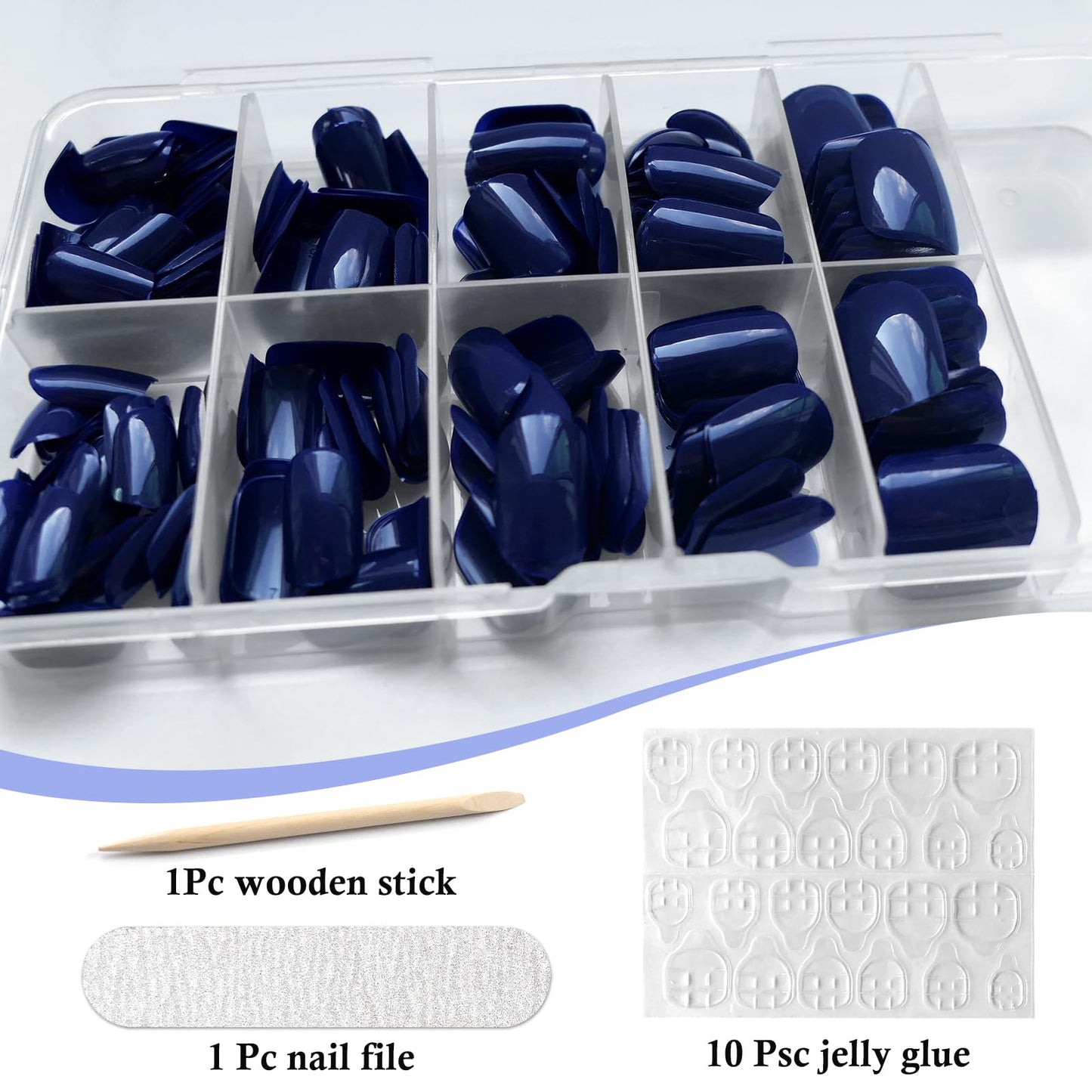 LuckForever Short Press on Nails 240pc Glossy Blue Press on Nails Short Square Fake Nails Full Cover False Fingernail French Tips Presson Nail 10 Sheets Glue Nail Adhesive Tabs File Tools for Women