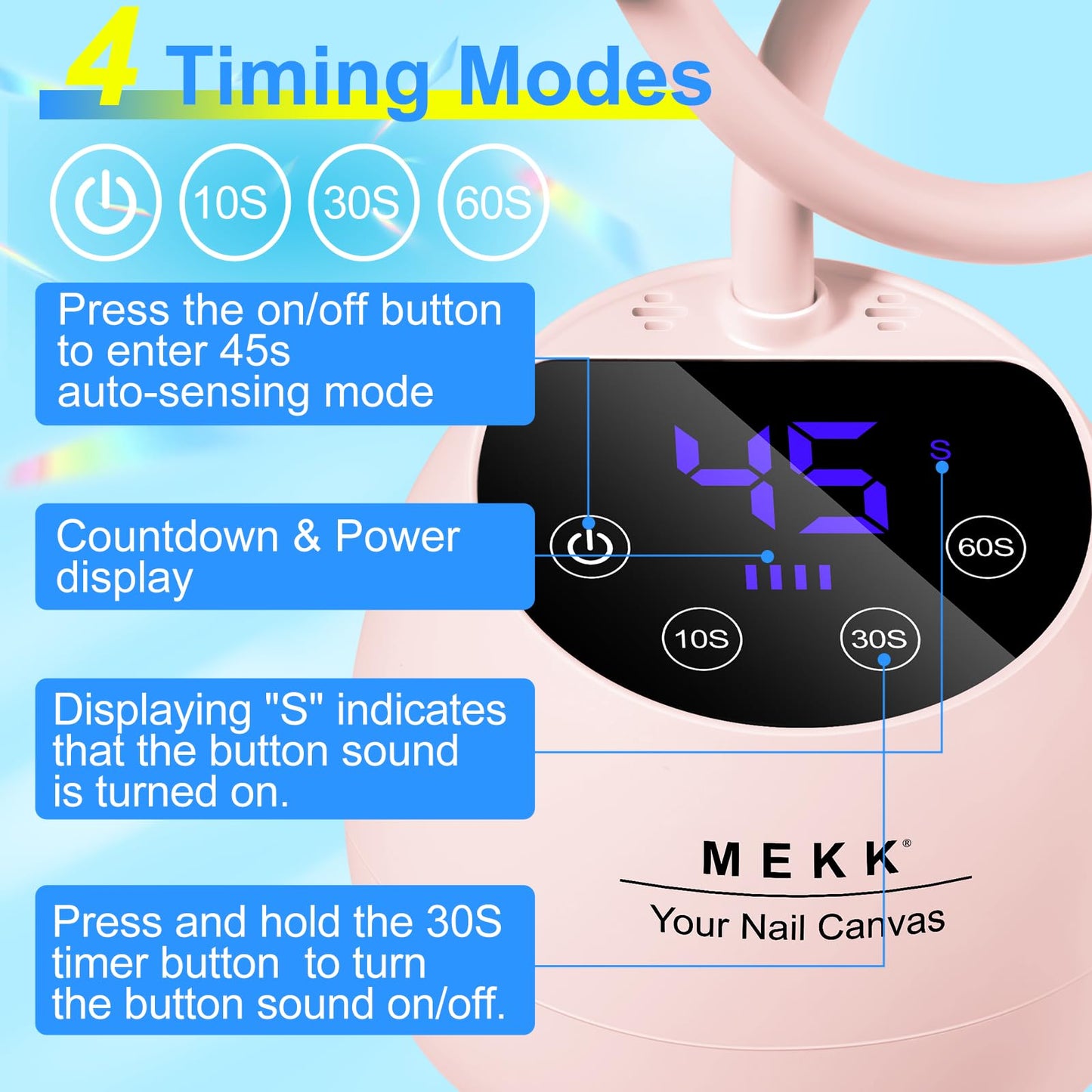 MEKK Gooseneck UV LED Nail Lamp - 36W Cordless Mini UV Light for Gel Nails for Home & Travel, Single Nails Light for Detail Work, Flash Cure Lamp with Auto Sensor, 4 Timers, Flower Design (Pink)