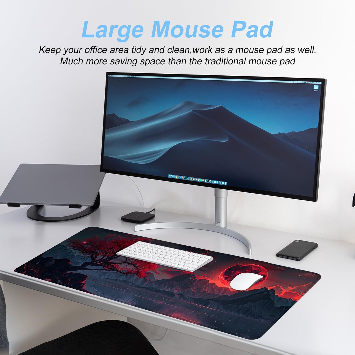 Red Moon Mouse Pad XXL – Large Gaming Desk Mat with Dark Mountain Landscape & Sakura Tree, Extended Mousepad with Non-Slip Base for Office, Gamer Setup,31.5 x 11.8 in