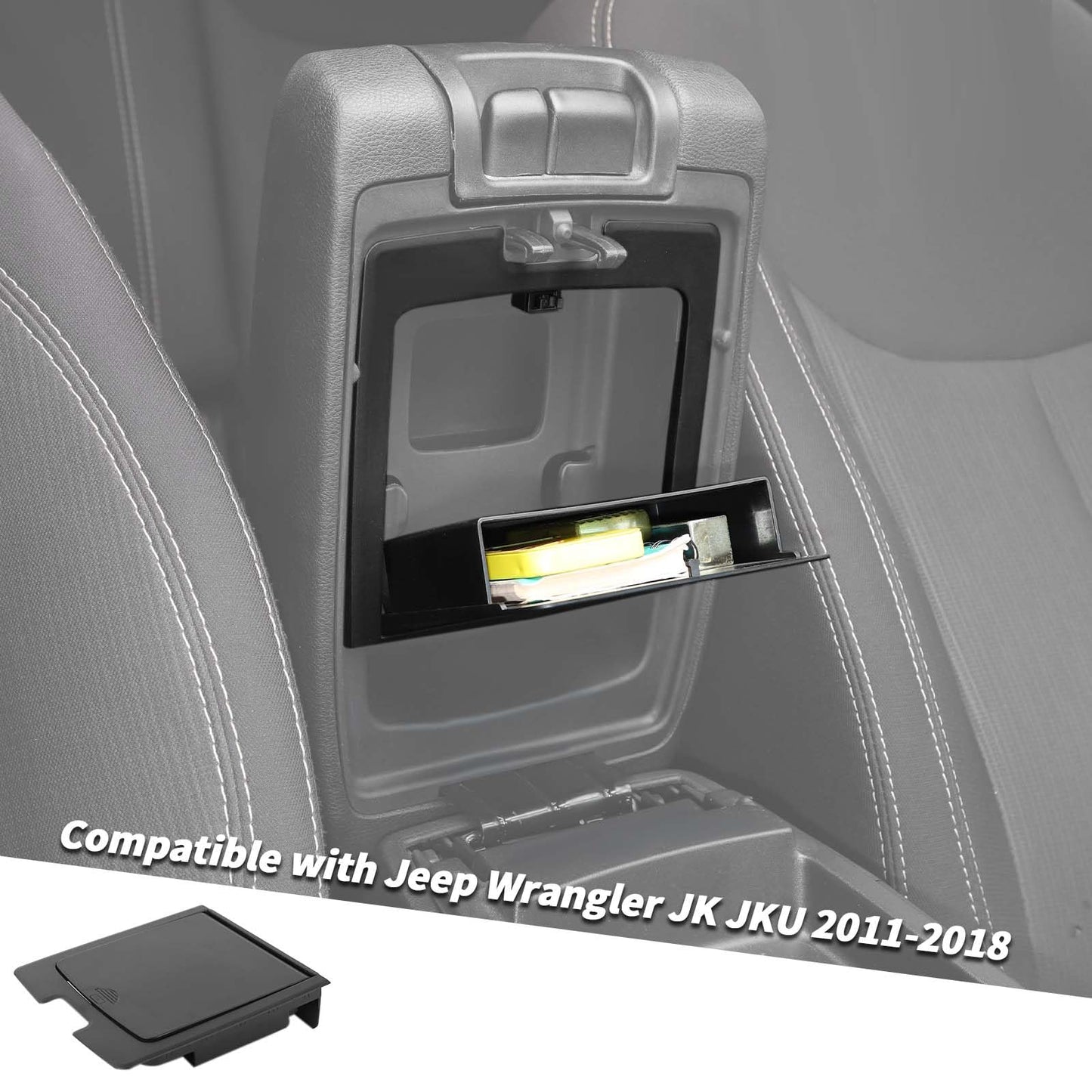 Jimen Armrest Hidden Storage Box Compatible with Jeep Wrangler JK & Unlimited 2011-2018, Center Console Organizer Tray Secret Compartment (Black)
