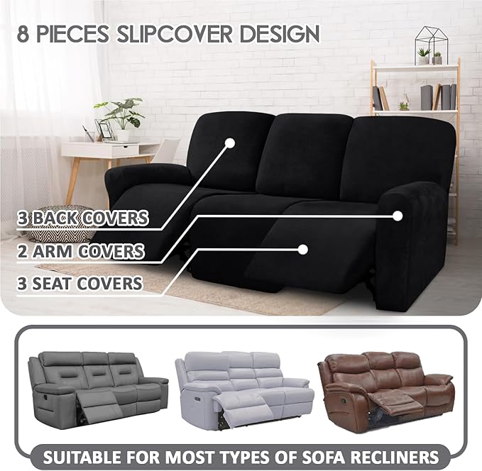 ULTICOR Velvet 8-Pieces Recliner Sofa Covers Stretch Reclining Couch Covers for 3 Cushion Reclining Sofa Slipcovers Furniture Covers Thick Soft Washable (3 Seater Recliner Cover, Black)
