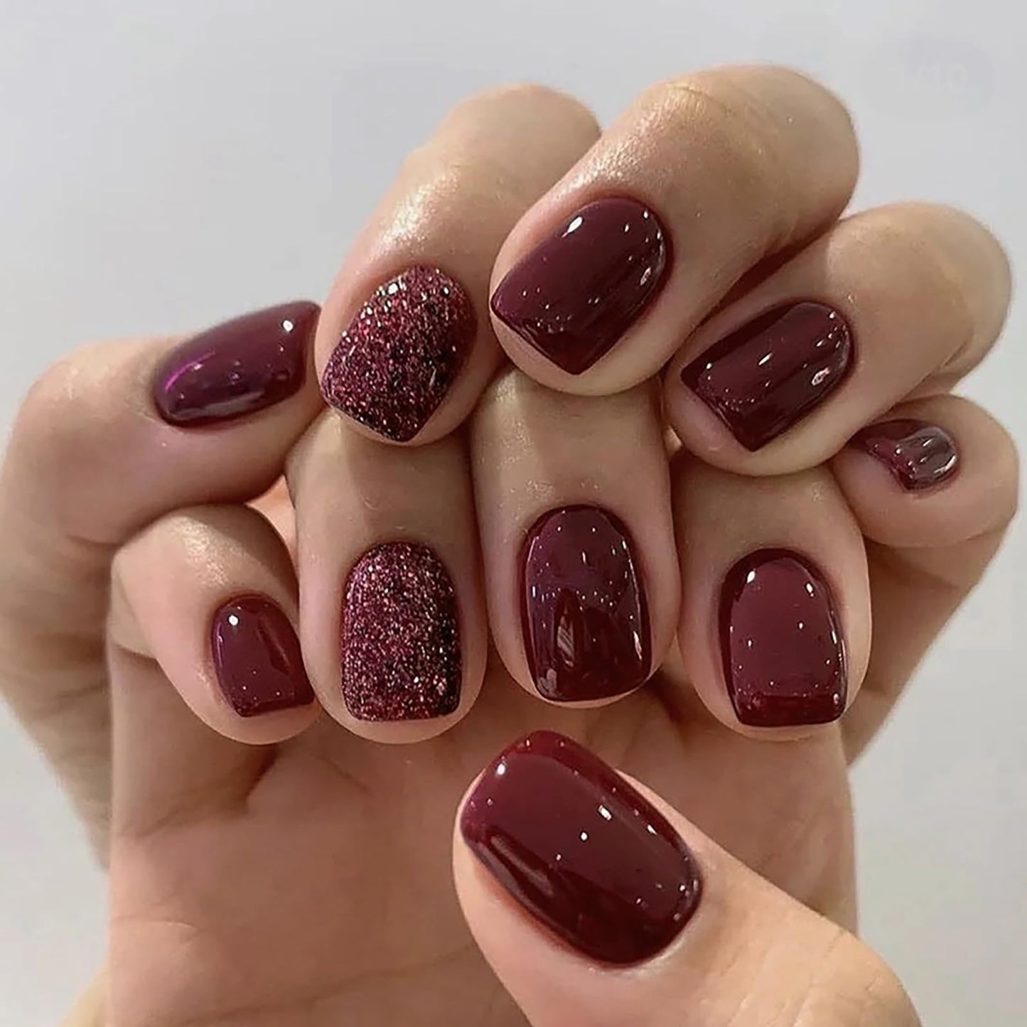 Wine Red Press on Nails Short,RTKHFZE Square Fake Nails Glossy Solid Color False Nails with Glitter Design 24Pcs Acrylic Nails for Women Full Cover Stick on Nail
